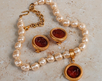Vintage Carolee Signed Jewelry Set – Red Glass Intaglio & Glass Pearl Necklace with Clip Earrings