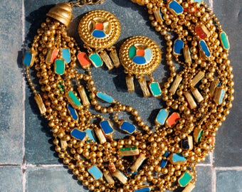 Vintage CRAFT Etruscan Chunky Multi strand Enamel Choker, Clip On Earrings Set