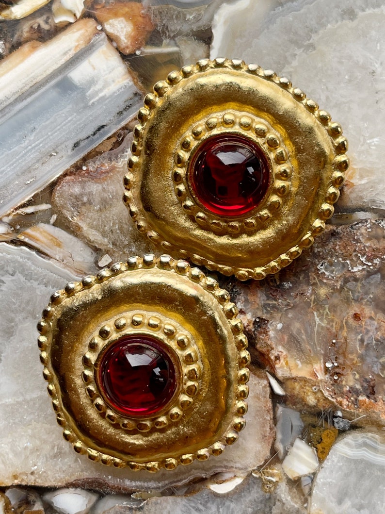 Gorgeous Vintage 1980's Massive Red Glass Round Classic Couture Statement Clip Earrings image 7