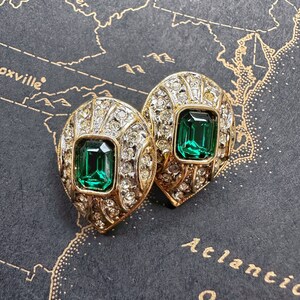 Stunning NOS 1990s Classic Clip On Earrings with Green Crystals and Clear Rhinestones image 5
