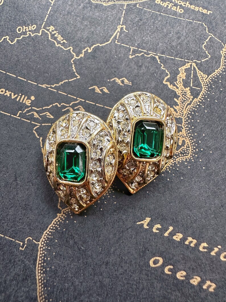 Stunning NOS 1990s Classic Clip On Earrings with Green Crystals and Clear Rhinestones image 5