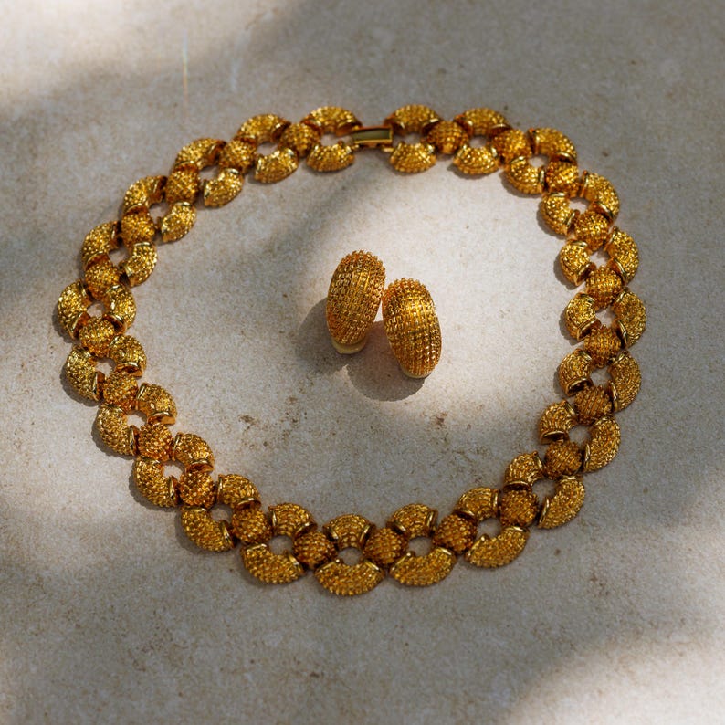 Vintage St John Gold Plated Collar Necklace and Clip-On Earrings Set from the 1990s image 1