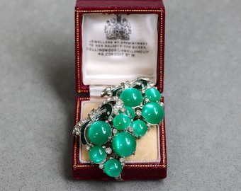 Vintage Two Green Moonglow Cabochon Dress Clips 40s Rare Book Piece