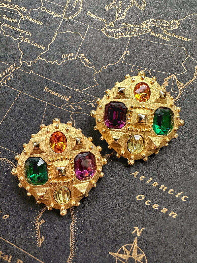 Vintage Maresca Signed Etruscan Multi Gems Statement Clip On Earrings image 5