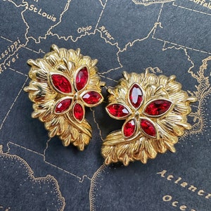 Vintage NOS Red Crystals Chunky Floral Clip On Earrings image 5