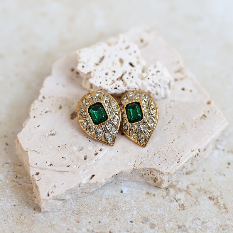 Stunning NOS 1990s Classic Clip On Earrings with Green Crystals and Clear Rhinestones image 1