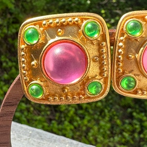 EXQUISITE LESLIE BLOCK Signed Massive Matte Gold Statement Runway Clip Earrings With Pastel Colored Cabochons image 8