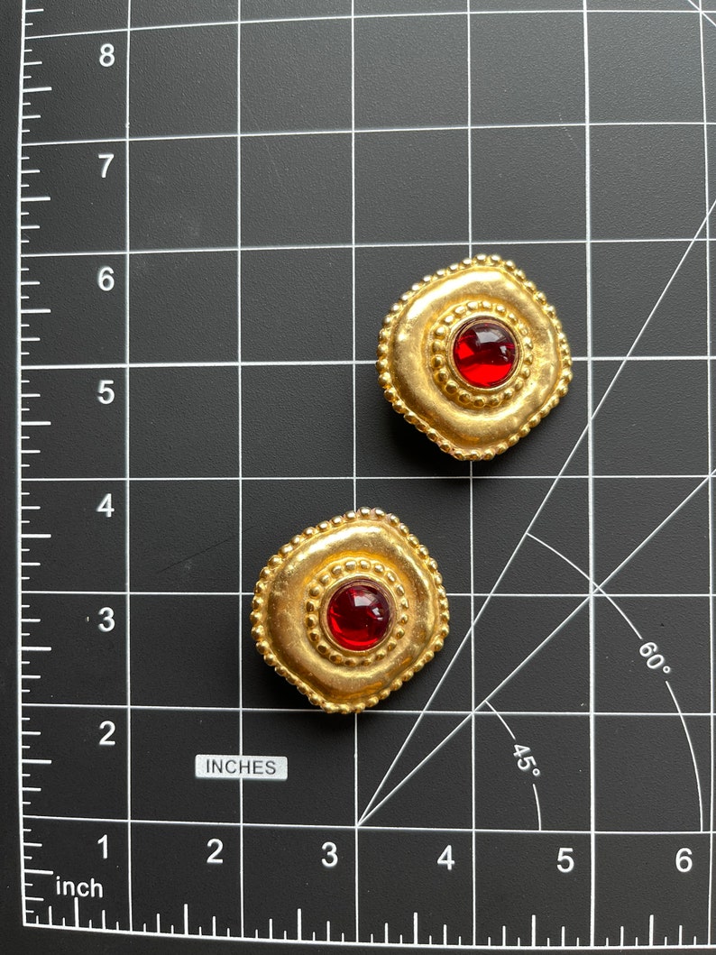 Gorgeous Vintage 1980's Massive Red Glass Round Classic Couture Statement Clip Earrings image 9