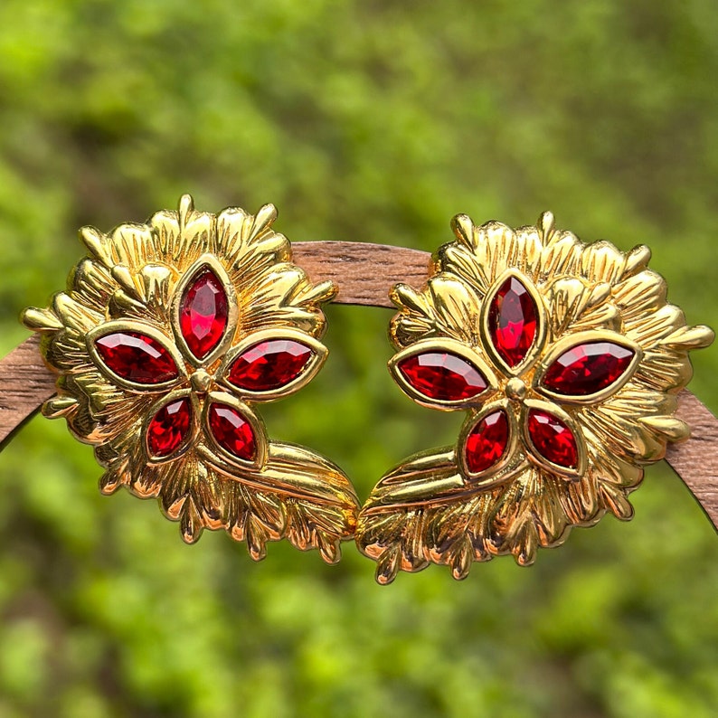 Vintage NOS Red Crystals Chunky Floral Clip On Earrings image 4