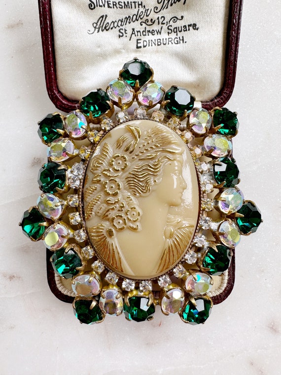 Vintage Large Glass Cameo Old Czech Rhinestones B… - image 4