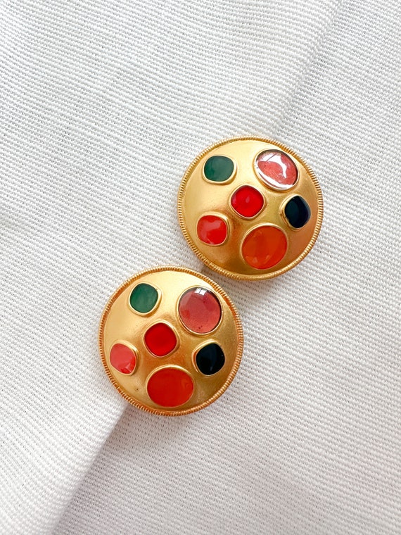 Vintage Chunky Multi Colored Enamel Clip On Earri… - image 2