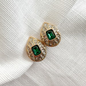 Stunning NOS 1990s Classic Clip On Earrings with Green Crystals and Clear Rhinestones image 2