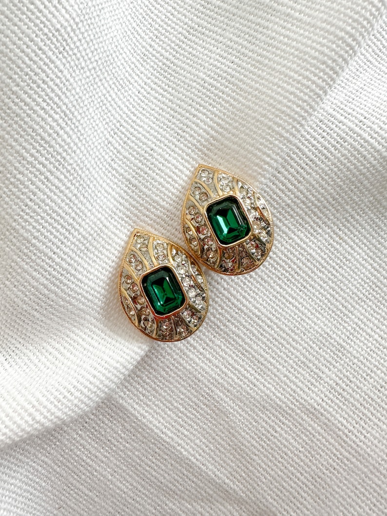 Stunning NOS 1990s Classic Clip On Earrings with Green Crystals and Clear Rhinestones image 2