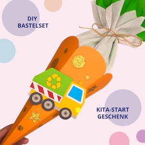 Zestaw do samodzielnego wykonania stożka szkolnego w kształcie śmieciarki - wstępnie wycięty - zestaw do samodzielnego wykonania stożka dla rodzeństwa - prezent na rozpoczęcie przedszkola - mini rożek cukierkowy