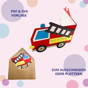 Invitation pour une fête d'anniversaire d'enfant sur le thème des pompiers - Téléchargement PDF - Modèle de carte d'invitation à faire soi-même - Modèle à fabriquer
