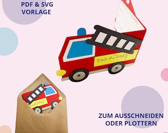 Children's birthday party invitation fire truck - PDF download - DIY invitation card fire truck - craft template