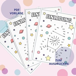 Tarjeta de invitación de cumpleaños infantil con forma de cohete - Plantilla para imprimir en PDF DIN A4, invitación interactiva para unir puntos