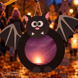 Könnte beinhalten: Eine schwarze Fledermaus-Laterne aus Papier mit einem violetten, kreisförmigen Zentrum, weißen Augen, rosa Nase und zwei weißen Fangzähnen. Die Laterne hat grau akzentuierte Flügel und hängt an einem gelben Stab an einer weißen Schnur.