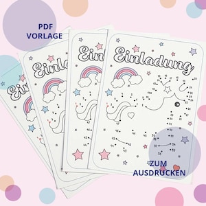 Tarjeta de invitación para fiesta de cumpleaños infantil de unicornio, PDF imprimible, DIN A4, invitación interactiva de unir puntos