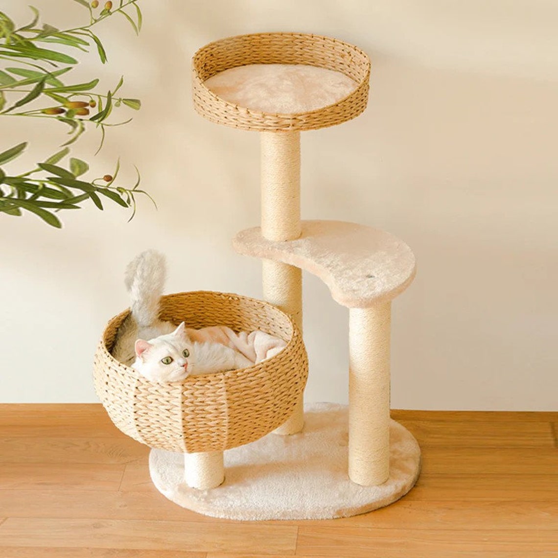 Beige Bowl Cat Tree Tower, Wooden Cat Tower, Modern Cat Climbing Tree