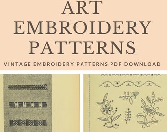 May include: Vintage embroidery patterns for art projects. The image shows four different pages from a book with black and white embroidery designs. The designs include flowers, leaves, and geometric patterns. The text on the page reads "Vintage Embroidery Patterns PDF Download" and "Peterson Klauss".