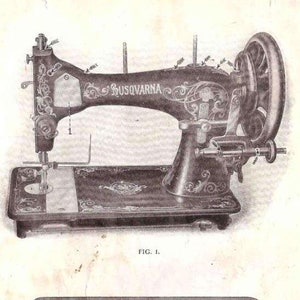 May include: A black sewing machine with intricate floral designs and the word "Husqvarna" on the side. The machine is shown in two views: a top view and a view of the internal workings.