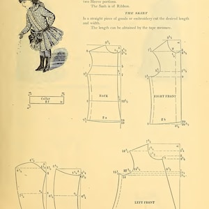 K&ouml;nnte beinhalten: Eine Illustration aus einem Vintage-Schnittmusterbuch, mit einer Zeichnung eines kleinen M&auml;dchens in einem Kleid und detaillierten Diagrammen f&uuml;r ein M&auml;dchenkleid. Der Text lautet "LITTLE GIRL'S DRESS".
