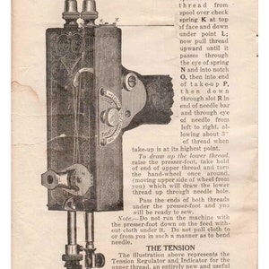 May include: A black and white illustration of a vintage sewing machine with detailed instructions on how to thread the machine. The image includes a close-up of the tension regulator and indicator, which is marked with a scale from 1 to 8, with the words "loose" at 1 and "tight" at 8.