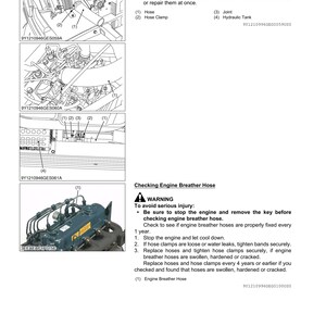 May include: Diagram of an engine with labels for checking the intake air line and engine breather hose. Includes instructions to stop the engine and check for damage. Text includes "WARNING" and "To avoid serious injury."