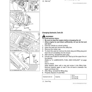 May include: A technical diagram with multiple detailed illustrations of mechanical components. The images show parts of a vehicle, including brake cases and hydraulic tank oil components. Text provides instructions for maintenance and fluid changes.