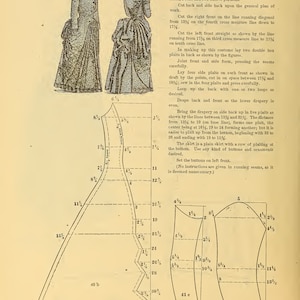 K&ouml;nnte beinhalten: Eine Illustration aus einem Vintage-Schnittmusterbuch, das Diagramme und Anweisungen f&uuml;r ein 'Ladies' Polonaise'-Kleid enth&auml;lt. Die Seite enth&auml;lt detaillierte Schnittmusterteile mit Ma&szlig;en in Zoll und Abbildungen des fertigen Kleidungsst&uuml;cks.