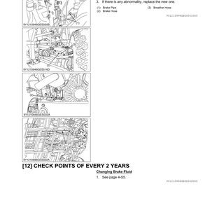 May include: Technical diagram with detailed illustrations of vehicle components, including brake hoses, pipes, and a breather hose. The diagram includes text instructions for checking and maintaining these parts, with a focus on inspection and replacement.