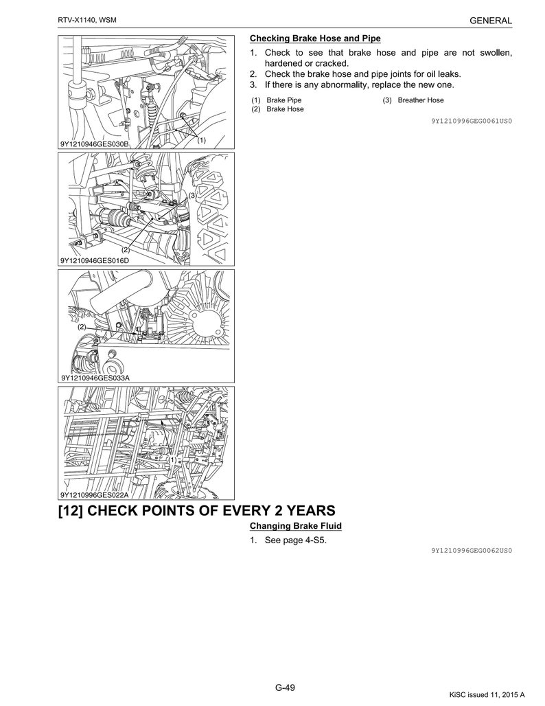 May include: Technical diagram with detailed illustrations of vehicle components, including brake hoses, pipes, and a breather hose. The diagram includes text instructions for checking and maintaining these parts, with a focus on inspection and replacement.