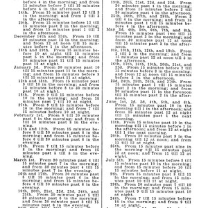 May include: A black and white page from a book titled "Book of Forbidden Knowledge". The page lists dates and times for various events throughout the year.