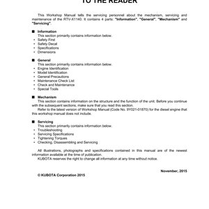 May include: A white workshop manual titled "TO THE READER" with black text. The manual details servicing and maintenance information for the RTV-X1140, including sections on information, general, mechanism, and servicing. Published November 2015.