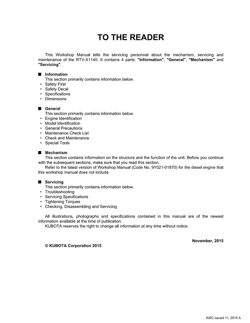 May include: A white workshop manual titled "TO THE READER" with black text. The manual details servicing and maintenance information for the RTV-X1140, including sections on information, general, mechanism, and servicing. Published November 2015.