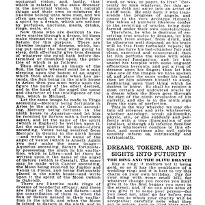 May include: A page from a vintage book titled "Book of Forbidden Knowledge" with text about dreams, oracles, and the use of rings and images to receive messages from spirits. The text is in black and white.