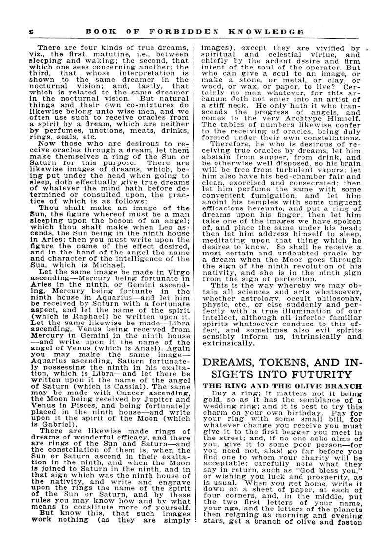 May include: A page from a vintage book titled "Book of Forbidden Knowledge" with text about dreams, oracles, and the use of rings and images to receive messages from spirits. The text is in black and white.