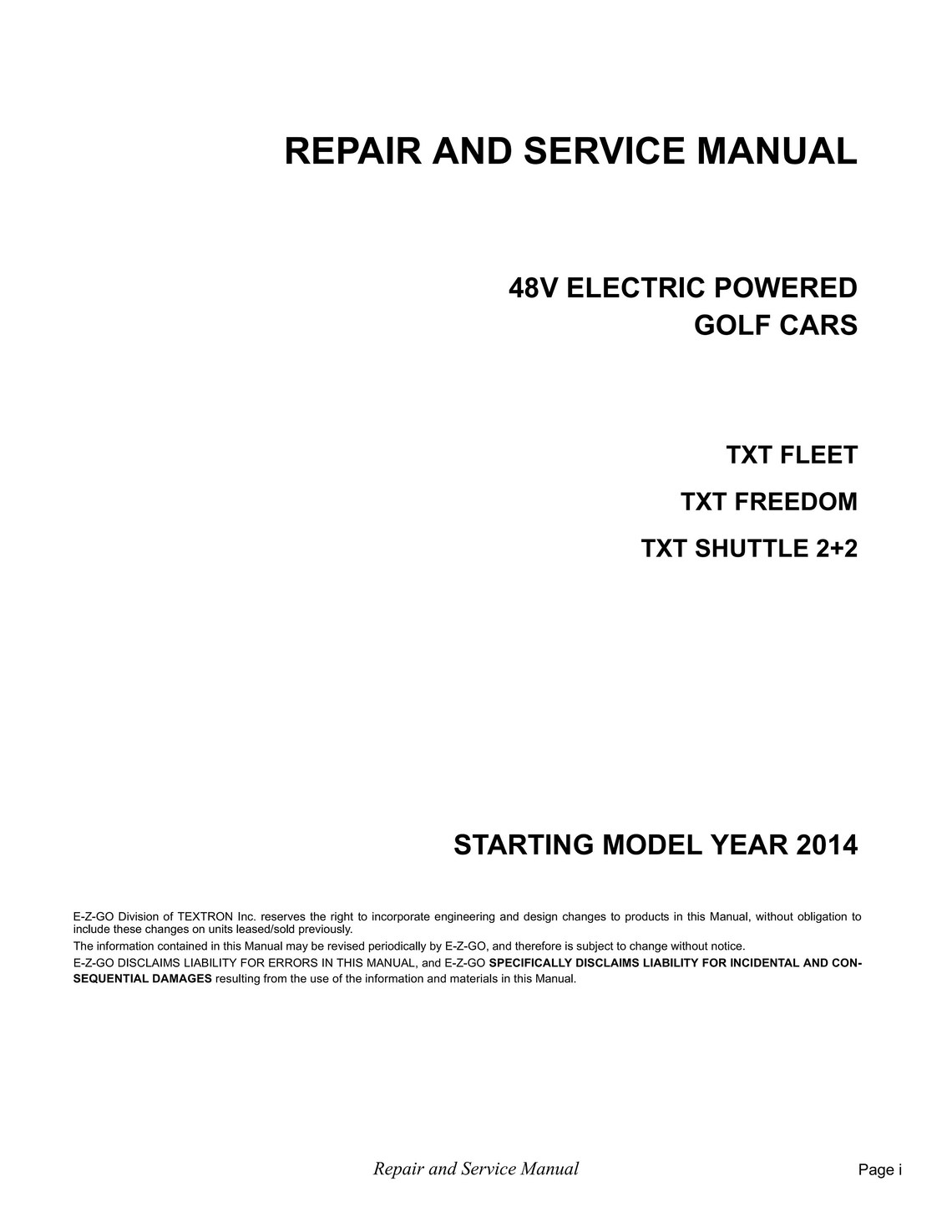EZGO TXT 48V Electric Golf Cart Service Manual PDF Download, 20142018