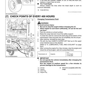 May include: Diagram of a vehicle maintenance manual page. Includes tire inspection instructions, tread depth specifications (3 mm / 0.12 in), and transmission fluid change procedures. Features illustrations of vehicle components.