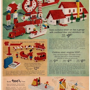 May include: Vintage LEGO building sets advertisement. The image showcases various red, white, and blue LEGO creations, including a house, vehicles, and a clock tower. The text highlights the sets' features and building possibilities.
