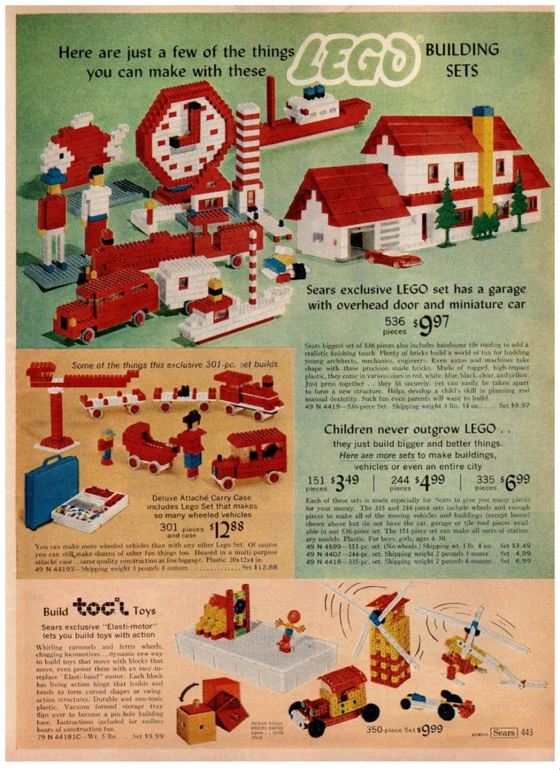 May include: Vintage LEGO building sets advertisement. The image showcases various red, white, and blue LEGO creations, including a house, vehicles, and a clock tower. The text highlights the sets' features and building possibilities.