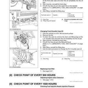 May include: A detailed technical manual page with diagrams and instructions for vehicle maintenance. It includes steps for changing axle case oil, knuckle case oil, and replacing the fuel filter. The page also lists check points for every 800 and 1500 hours.
