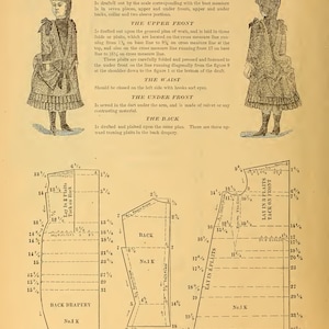 K&ouml;nnte beinhalten: Eine antike Seite aus einem Schnittmusterbuch mit dem Titel "Child's Costume". Die Seite zeigt Illustrationen eines Kinderkleides und detaillierte Diagramme mit Ma&szlig;en in Zentimetern. Der Text beschreibt die Konstruktion des Kleidungsst&uuml;cks.