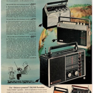May include: An advertisement for shortwave portable radios. The image showcases several models with varying designs, including black, silver, and wood-grain finishes. The radios feature dials, antennas, and carrying handles, with text highlighting features like FM/AM capabilities and shortwave bands.