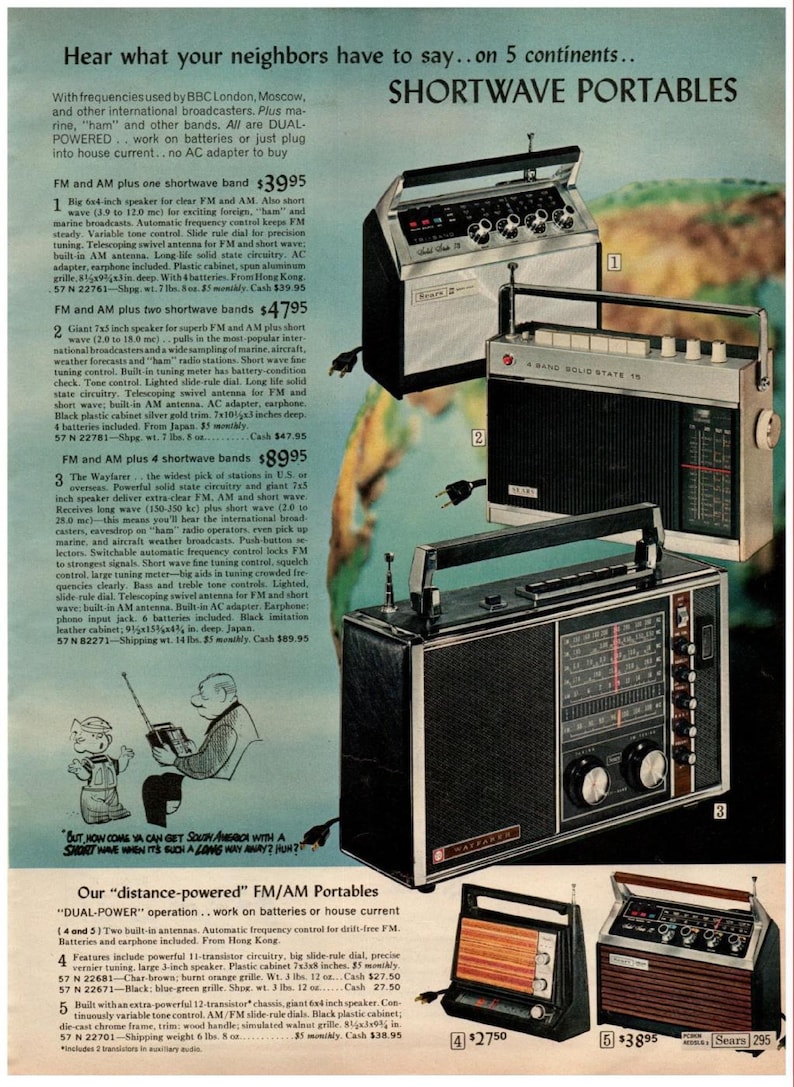 May include: An advertisement for shortwave portable radios. The image showcases several models with varying designs, including black, silver, and wood-grain finishes. The radios feature dials, antennas, and carrying handles, with text highlighting features like FM/AM capabilities and shortwave bands.