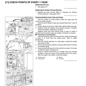 May include: A technical manual page with diagrams and text detailing vehicle maintenance procedures. Sections include checking the injection pump, fuel lines, and air cleaner. Diagrams show engine components with labels for radiator hoses, clamps, battery, and oil cooler.
