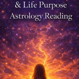 Könnte beinhalten: Ein künstlerisches Bild mit einem himmlischen Thema. Der Text lautet: „Warum bist du hier? Vedisches Dharma & Lebenszweck Astrologie-Lesung.“ Eine Person steht vor einem lebendigen, sternenübersäten Himmel.