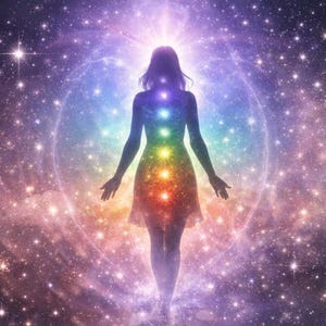 Può includere: Illustrazione digitale di una figura umana contro uno sfondo cosmico. La figura è illuminata da un arcobaleno di colori, che rappresentano i chakra, ed è circondata da una galassia di stelle e nebulose.