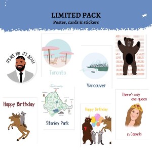 Pacote limitado da primeira edição do Canadá | Pôster, cartões comemorativos e adesivos | Conjunto limitado de arte canadense e humor de guaxinim
